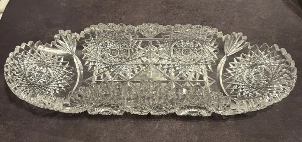 Vintage American Brilliant Cut Glass Crystal Celery Relish Oval Dish 11.5”